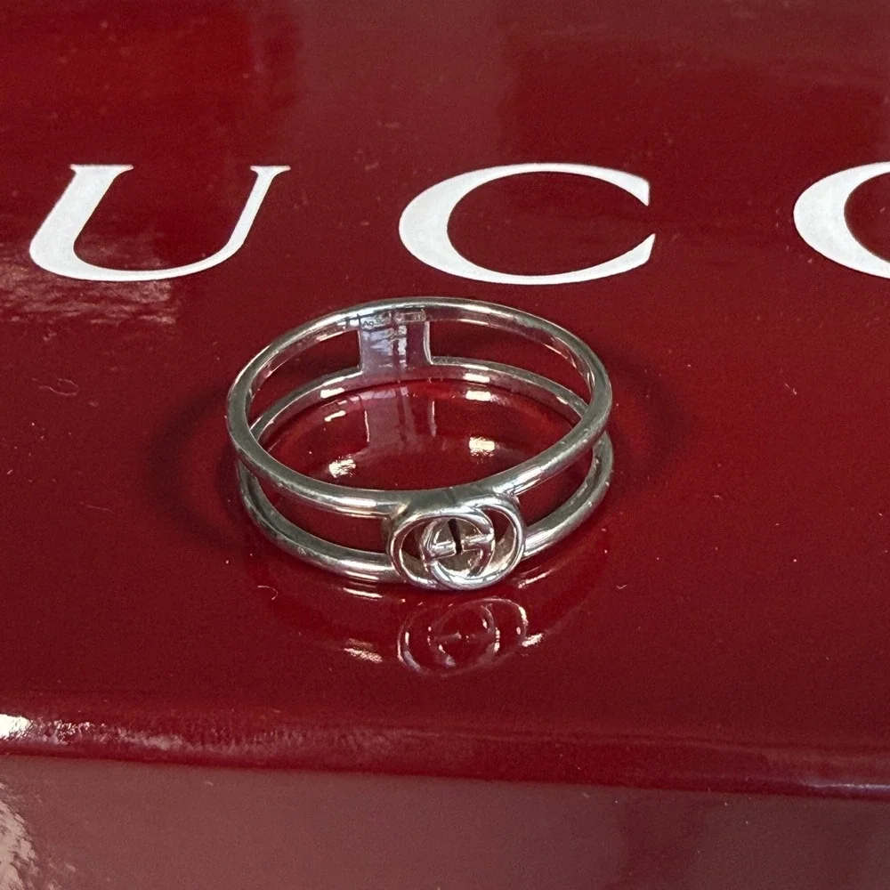 Gucci 298036 Interlocking-G Sterling Silver Open Ring, Size 25